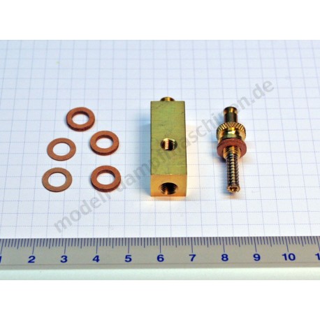 Manometer base brass, 12 x 12 mm inside thread above M6 x 0,75 and lateral M6