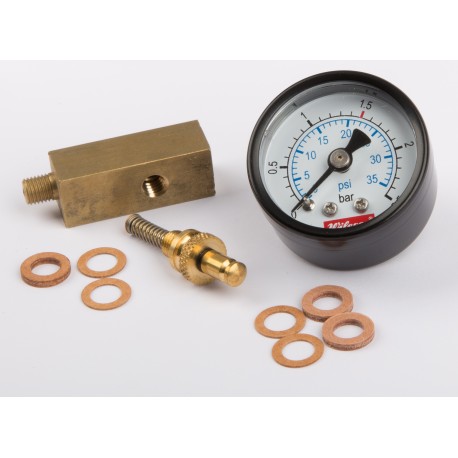 Manometer base, brass, 12 x 12 mm, thread connecting piece M6 x 0,75, spring loaded valve and manometer